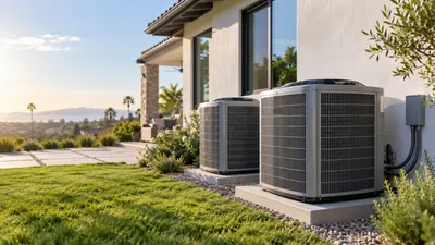 Two residential air conditioning condensers beside a hillside home overlooking the coast