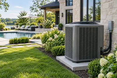 Outdoor air conditioning condenser installed beside a home