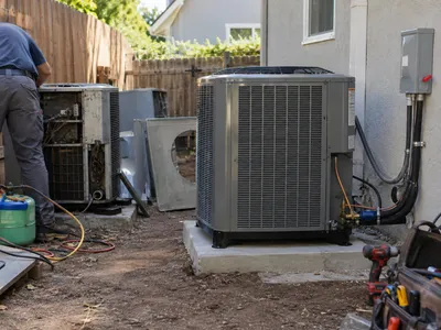 New air conditioning condenser installed beside a home, with the old units removed and set aside
